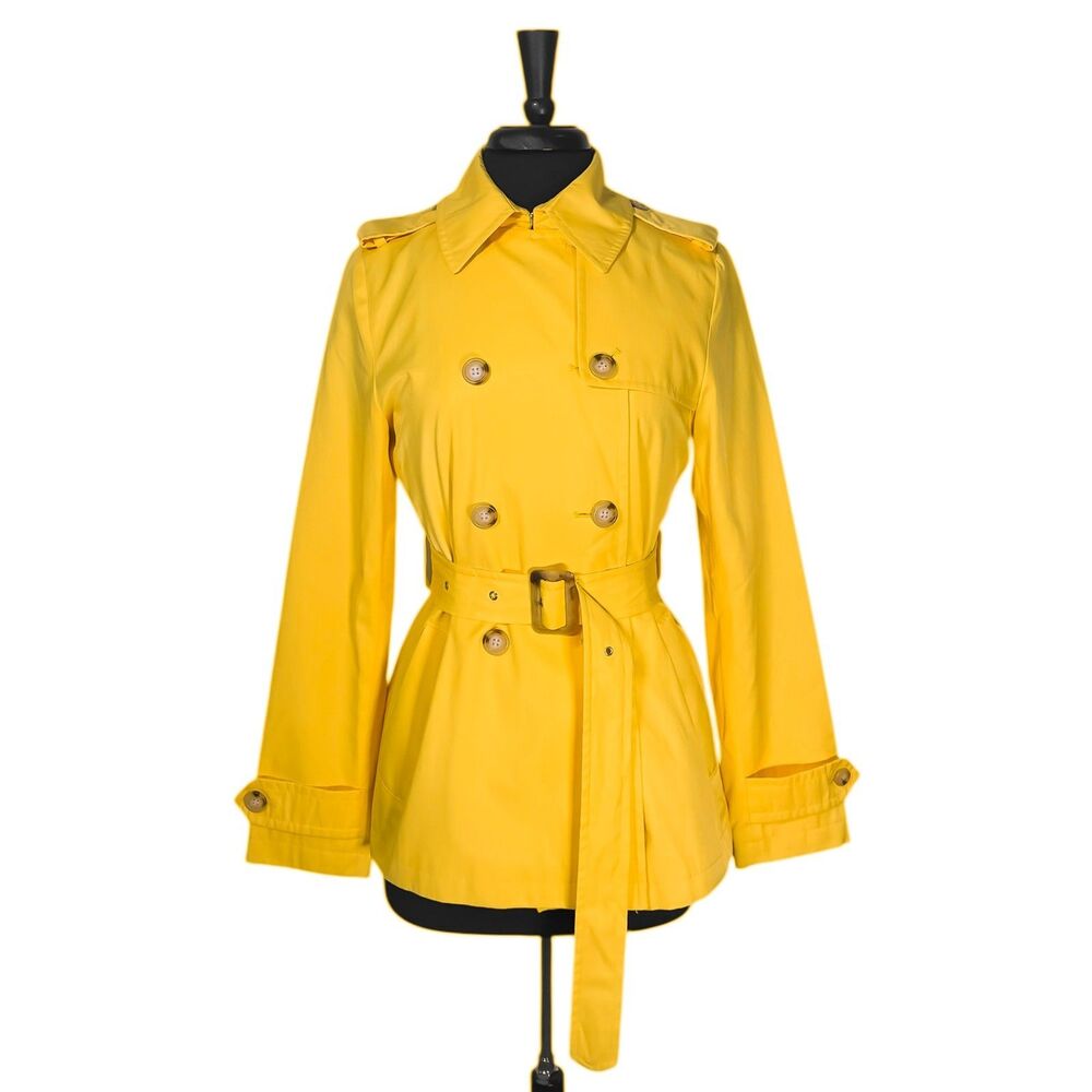 Ralph Lauren Womens Trench Coat Small Yellow Double Breasted Belted Cotton Blend - Picture 1 of 11